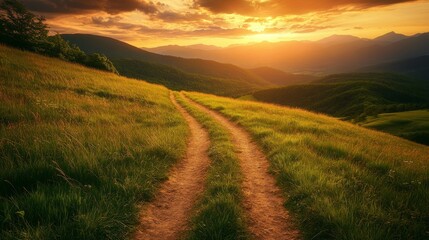 Fototapeta premium Majestic mountain ridge path, winding dirt track, emerald alpine meadow, epic mountain range backdrop, dramatic sky, atmospheric landscape, golden hour photography