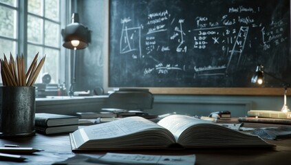 Study environment with open book and chalkboard filled with mathematical equations during daylight hours