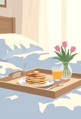 3D Breakfast Tray on White Bed with Light Blue Duvet, Pancakes, Orange Juice, Pink Tulips, Bedroom Illustration