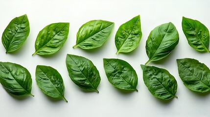 Fresh basil leaves arranged on white background; food blog, recipe, cooking