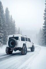 Off-Road SUV Driving Through Snowy Forest Trail in Winter Wonderland with Pine Trees and Foggy Background