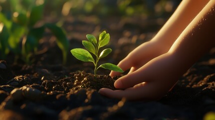 Fototapeta premium Growth and care child's hands with a young plant in an outdoor garden