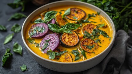 A colorful mixed vegetable curry bowl with a variety of vegetables floating in a golden, flavorful broth. 