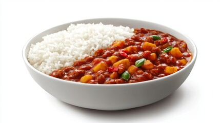 A vibrant bowl of mixed vegetable curry with tofu, garnished with basil and red chili, served with jasmine rice. 