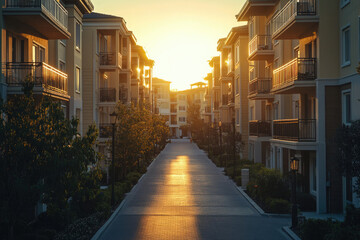 Fototapeta premium Sunlit residential street with apartment buildings at sunset, peaceful and serene.