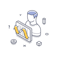 Creative isometric line art illustrates a business solution with a character analyzing data. The design features graphs and geometric shapes, highlighting the modern approach to business analytics.