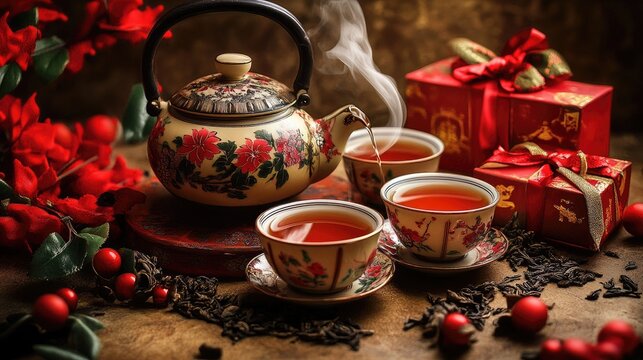 A traditional Chinese New Year scene with tea being poured from a floral teapot into cups, surrounded by red decorations, tea leaves, and a gift box adorned with Chinese characters. - Powered by Adobe