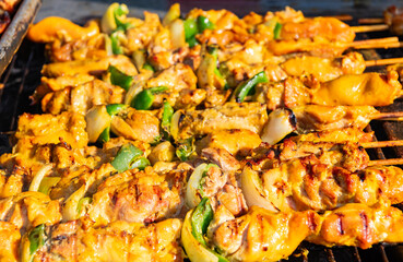 Shish kebab on skewer. Chicken on BBQ grill. Barbecue grill. Grilled chicken shish kebab. Delicious shish kebab with vegetables. Grilled BBQ pork. Skewer meat on barbecue, shashlik. Backyard weekend