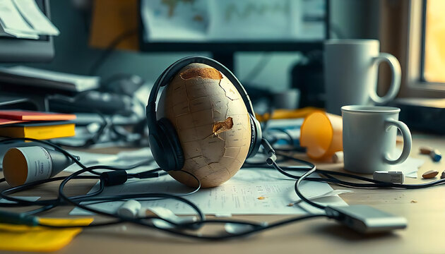 Easter Egg Takes a Call! Colorful Egg with Headset in a Modern Office, happy easter 2025, created with generative ai