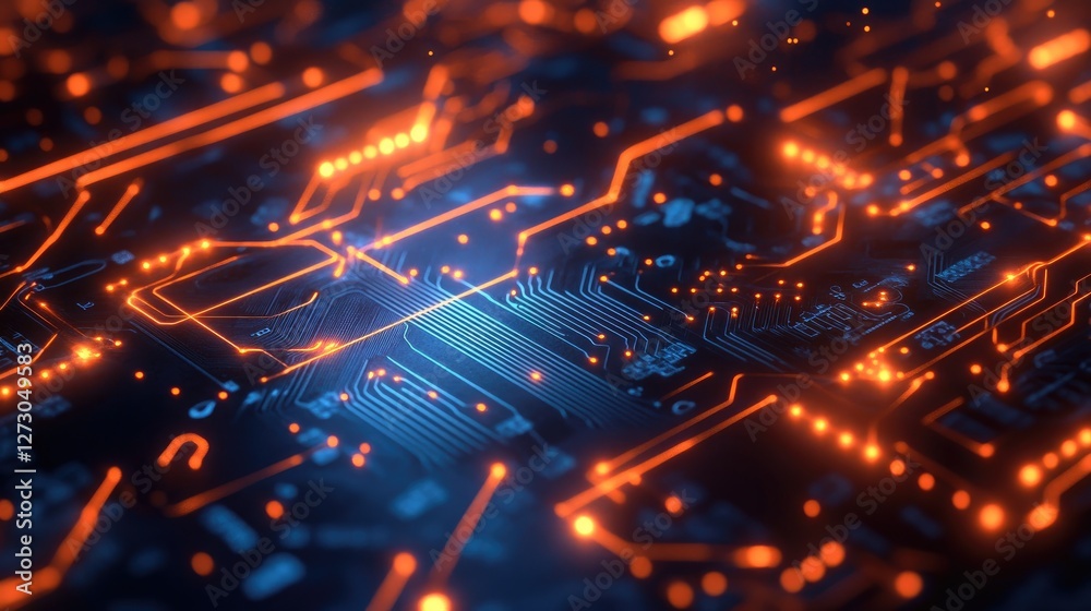 Poster a vibrant futuristic circuit board with glowing connections and digital elements, reflecting the cut