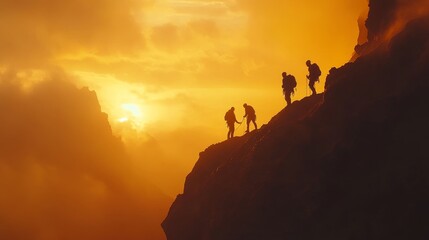 Mountaineering silhouettes against dramatic sunset, climbers scaling cliff face, rope team ascending peak, layered mountain ranges, moody storm clouds, golden horizon glow, atmospheric landscape