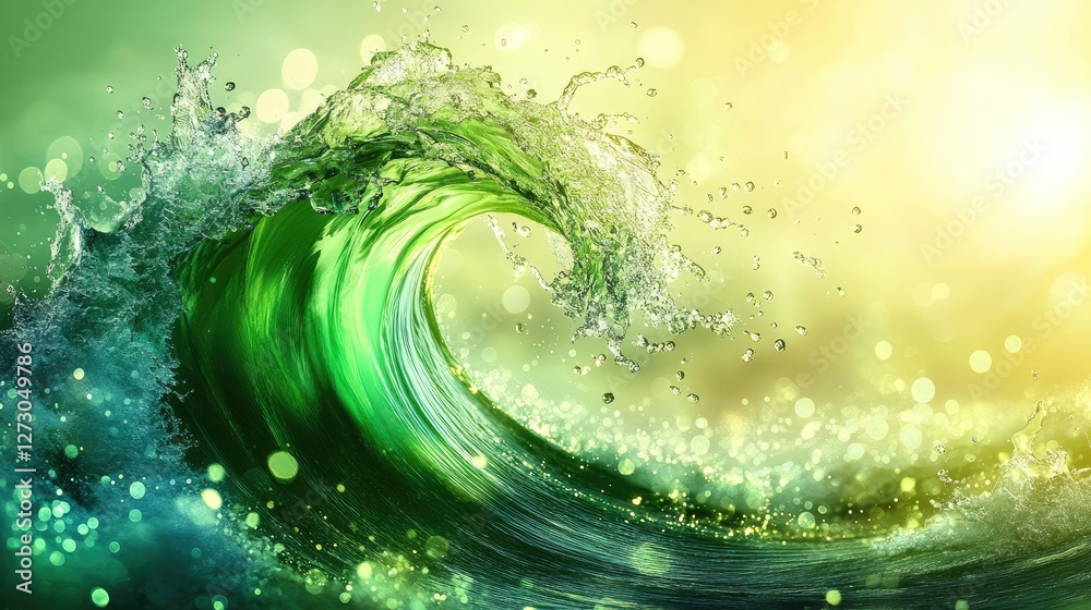 Poster a vibrant green wave with shimmering water droplets, with a blurred bokeh background, capturing the 