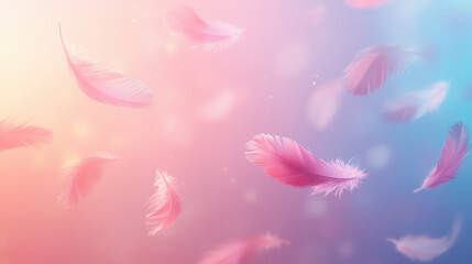 Pink feathers floating on pink and blue gradient background with copy space. Dreams concept