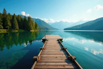 A wooden dock stretching into the lake with trees surrounding it, dock, lake