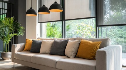 Modern Living Room Interior Design with Beige Sofa and Black Pendant Lamps