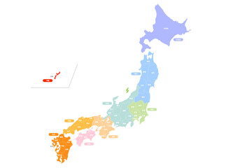 パステルカラーの都道府県別の日本地図のイラスト