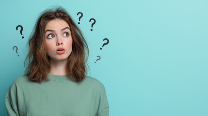 Woman with question marks on turquoise background with copy space. Uncertainty concept