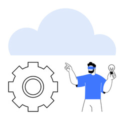 Gear with cloud above and man holding a lightbulb while pointing upwards. Ideal for tech, innovation, cloud solutions, AI, teamwork, problem-solving, digital transformation. Abstract line flat