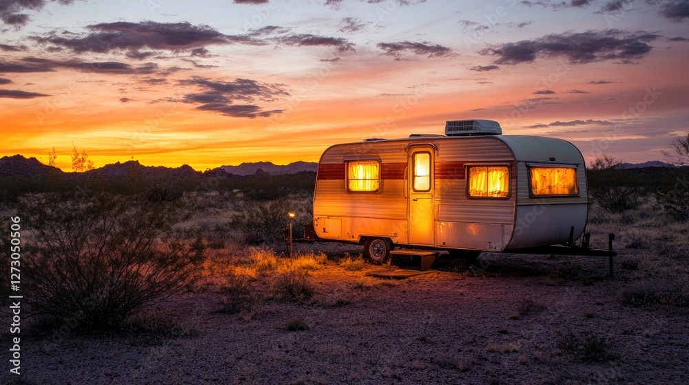Aufkleber a vintage trailer glowing under the sunset in the arizona desert, creating a warm and inviting atmos