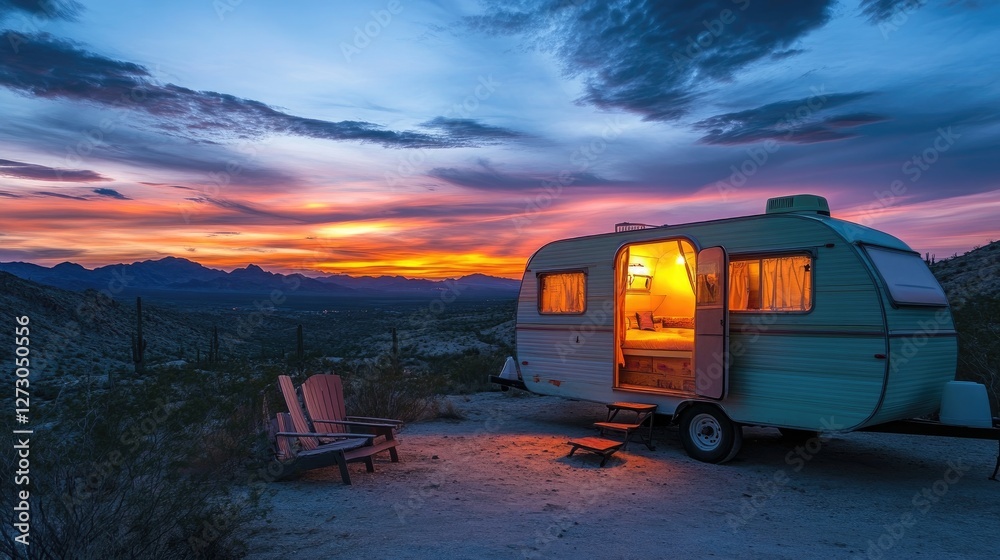 Aufkleber a vintage trailer glowing under the sunset in the arizona desert, creating a warm and inviting atmos