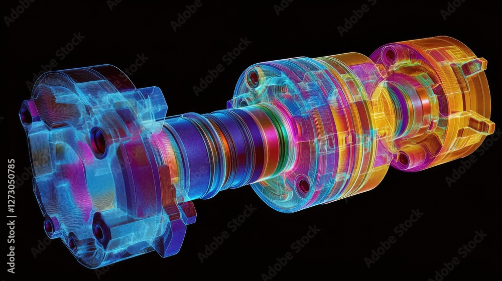Poster a visual representation of finite element analysis (fem) for a crankshaft and pistons, showing color