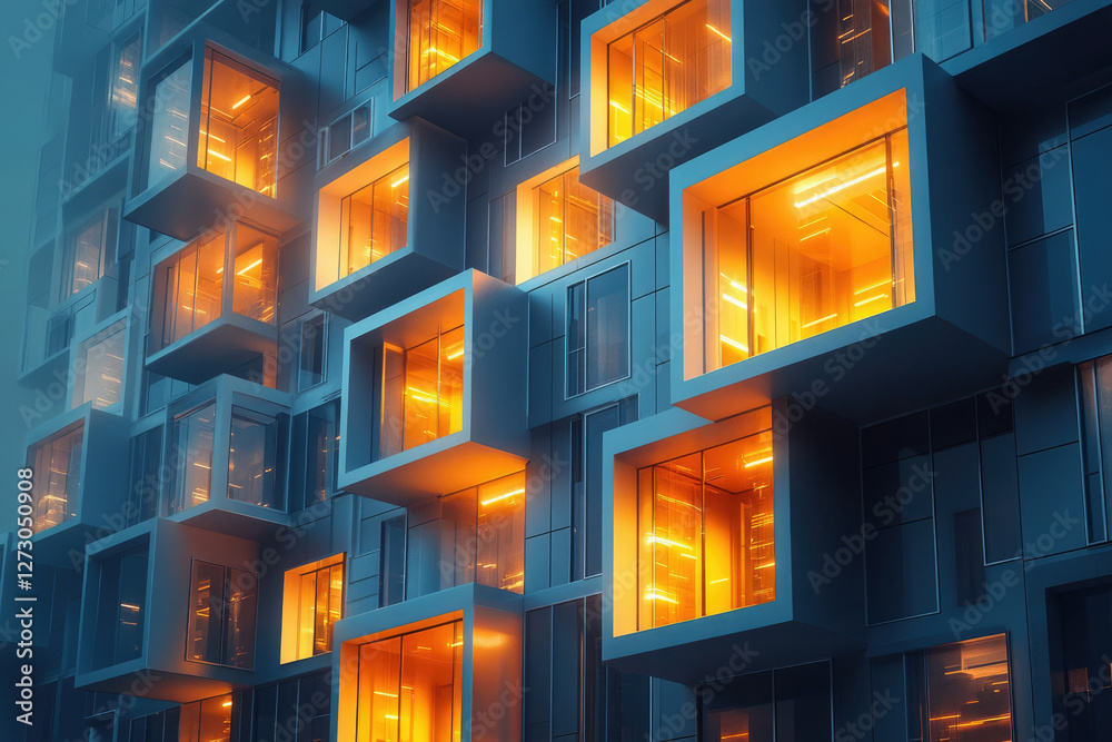 Poster Modern building with illuminated windows at night, showcasing unique architectural design and glowing interiors.