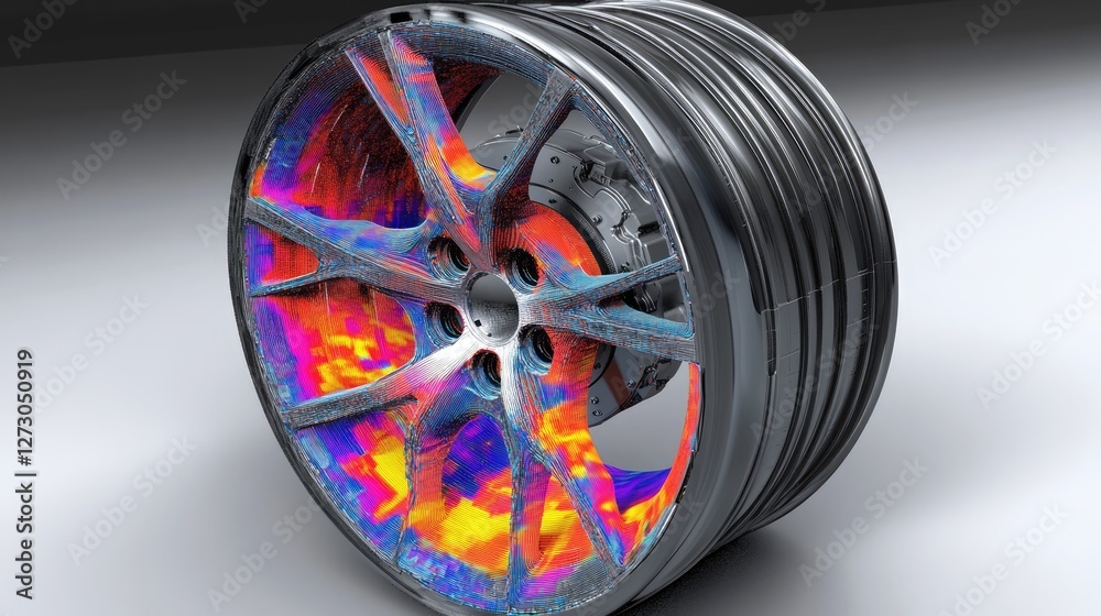 Poster A visual representation of finite element analysis (FEM) on a rim wheel, showing stress distribution with color maps indicating the areas under pressure.