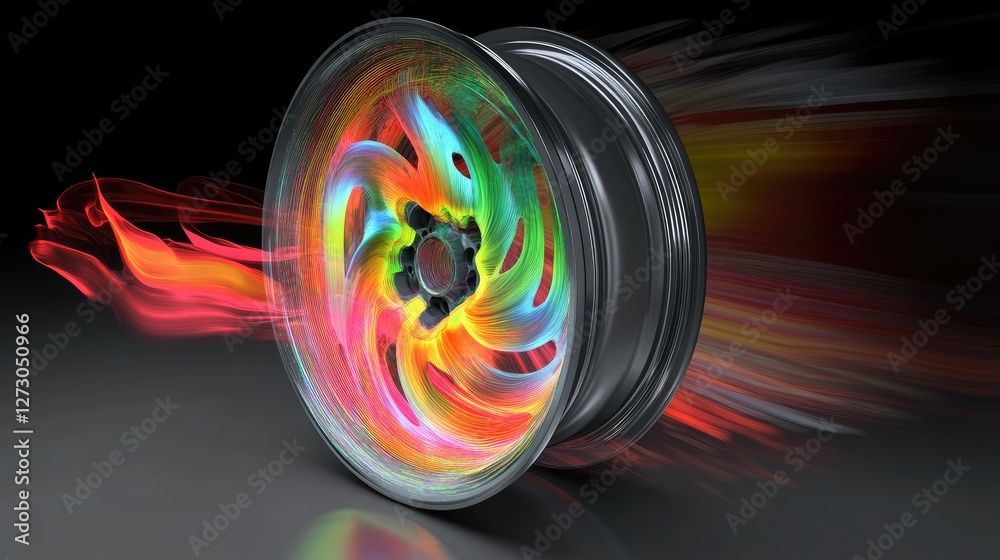 Poster A visual representation of finite element analysis (FEM) on a rim wheel, showing stress distribution with color maps indicating the areas under pressure.