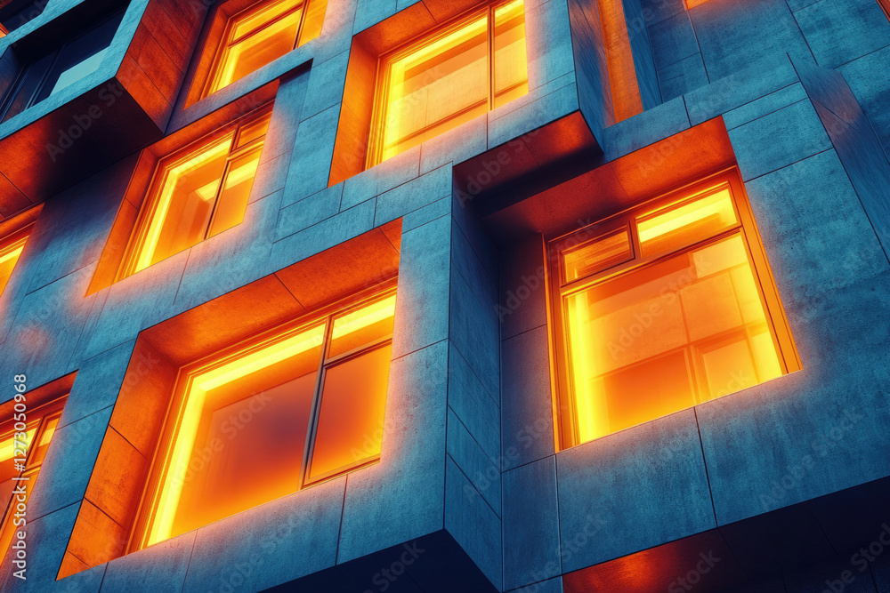 Poster modern building facade with illuminated windows at night, showcasing architectural design and warm g