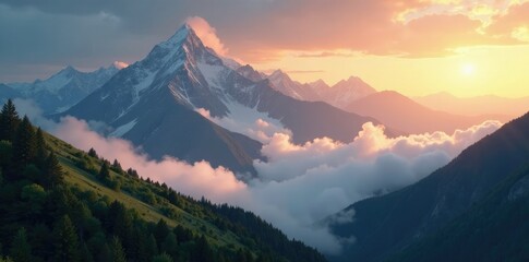 Fototapeta premium Clouds engulfing the majestic mountain range at golden hour, hills, mountain range