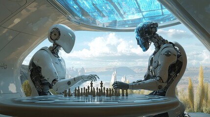 A human and a robot playing a chess game under a futuristic skylight