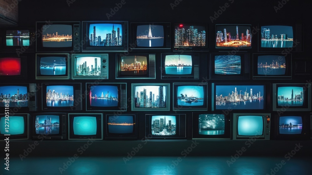 Poster a wall of vintage televisions displaying dynamic city skylines in a dark room, creating an artistic 