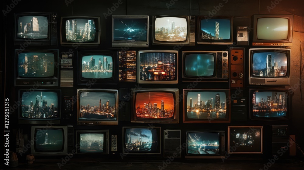 Poster a wall of vintage televisions displaying dynamic city skylines in a dark room, creating an artistic 