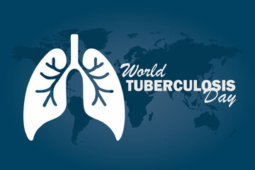 Vector illustration of World Tuberculosis Day, with a lung icon and a world map silhouette in the background.