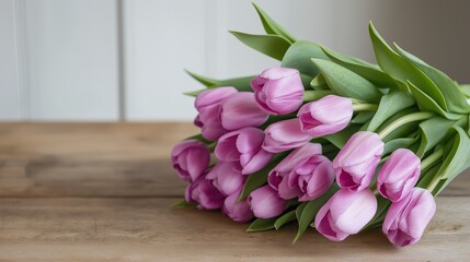 Purple tulips arranged beautifully on a wooden table, showcasing their fresh appearance and vibrant color