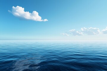 A vast, calm sea under the blue sky, with a white cloud in sky. The water is deep and serene, reflecting the clear sky above it. 