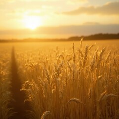 Obraz premium A scenic background featuring a golden wheat field stretching into the horizon, bathed in the soft, warm glow of a setting sun.