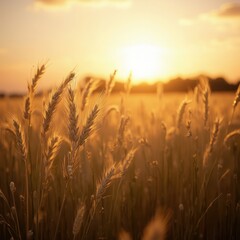 Obraz premium A scenic background featuring a golden wheat field stretching into the horizon, bathed in the soft, warm glow of a setting sun.