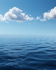 Fototapeta premium A vast, calm sea under the blue sky, with a white cloud in sky. The water is deep and serene, reflecting the clear sky above it. 
