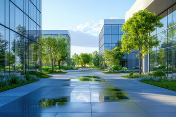 Obraz premium Modern glass office buildings with lush landscaping, reflecting puddles on a paved walkway after rain.