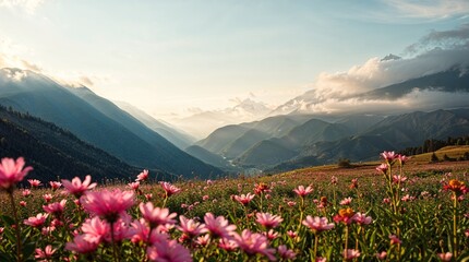 Fototapeta premium Dramatic cinematic style portrays a dreamy valley landscape: glowing pink flowers in a field, misty mountains, soft atmospheric light. 
