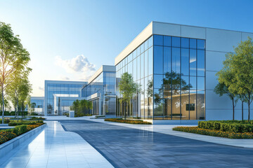 Obraz premium Modern glass office building with landscaped grounds, showcasing a contemporary architectural design.