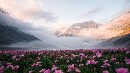 Fototapeta premium Dramatic cinematic style portrays a dreamy valley landscape: glowing pink flowers in a field, misty mountains, soft atmospheric light. 