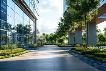 Modern office buildings with glass facades and landscaped walkway, sunlight shining.