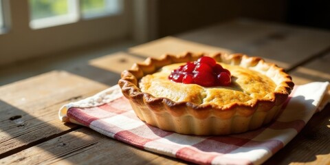 A delicious homemade fruit tart with a flaky crust and sweet berry filling sits on a rustic wooden table, bathed in warm sunlight