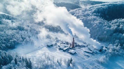 Aerial view of a wood processing plant emitting smoke in the winter, highlighting the industrial activity amidst the snow-covered landscape.