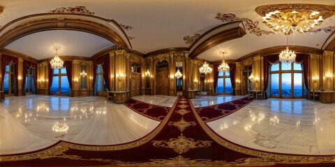 Full 360 degrees seamless spherical panorama HDRI equirectangular projection of glamorous vintage restaurant nightclub. Texture environment map for lighting and reflection source rendering 3d scenes.