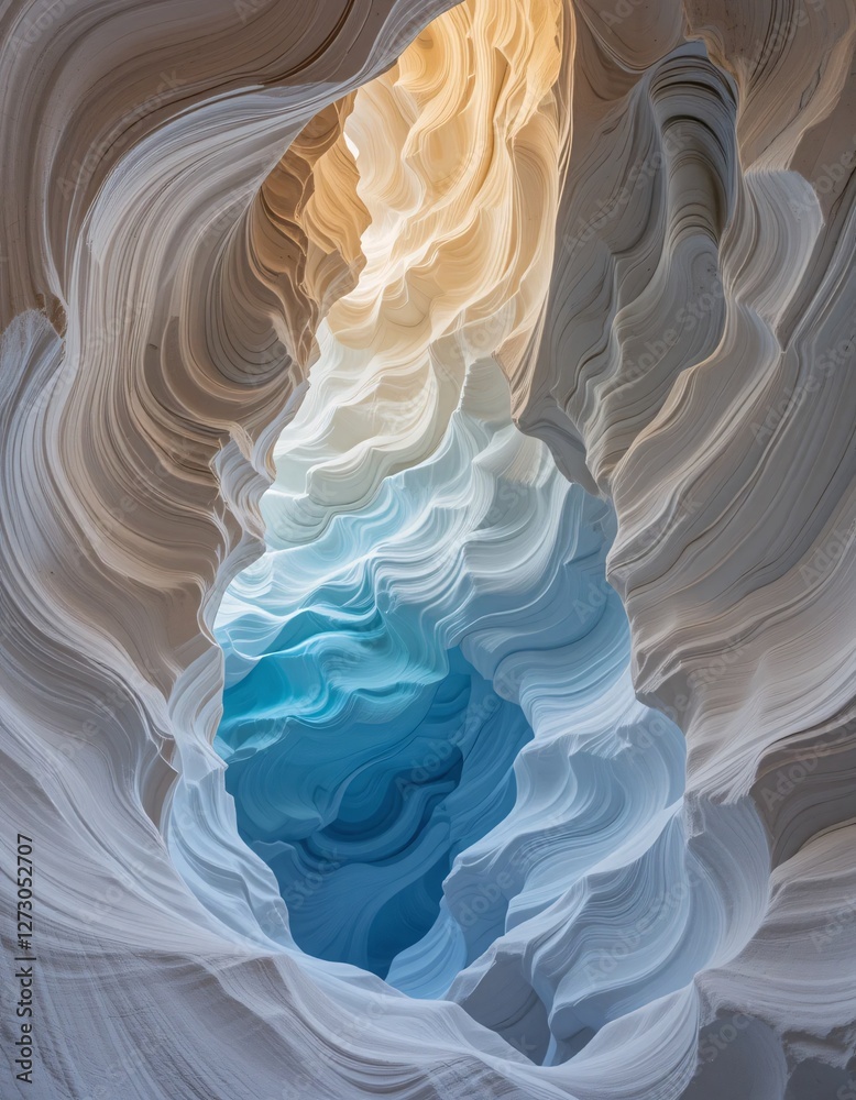 Aufkleber Canyon Walls. Smooth Stone Texture. Cream. Tan and Light Blue Layers Form Undulating Shapes. Light Filters Down. Creating a Mesmerizing Effect. Warm Tones Transition to Cool Blues... Serene Ambiance.