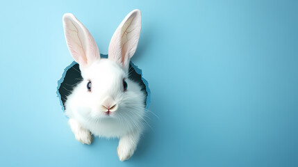 Fototapeta premium Curious White Rabbit Peeking Through a Blue Cardboard Hole