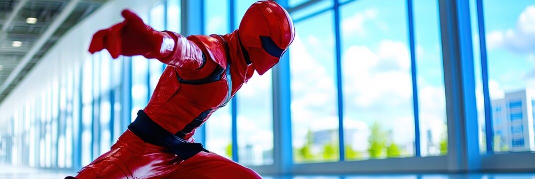 cosplayer action pose at comic book convention